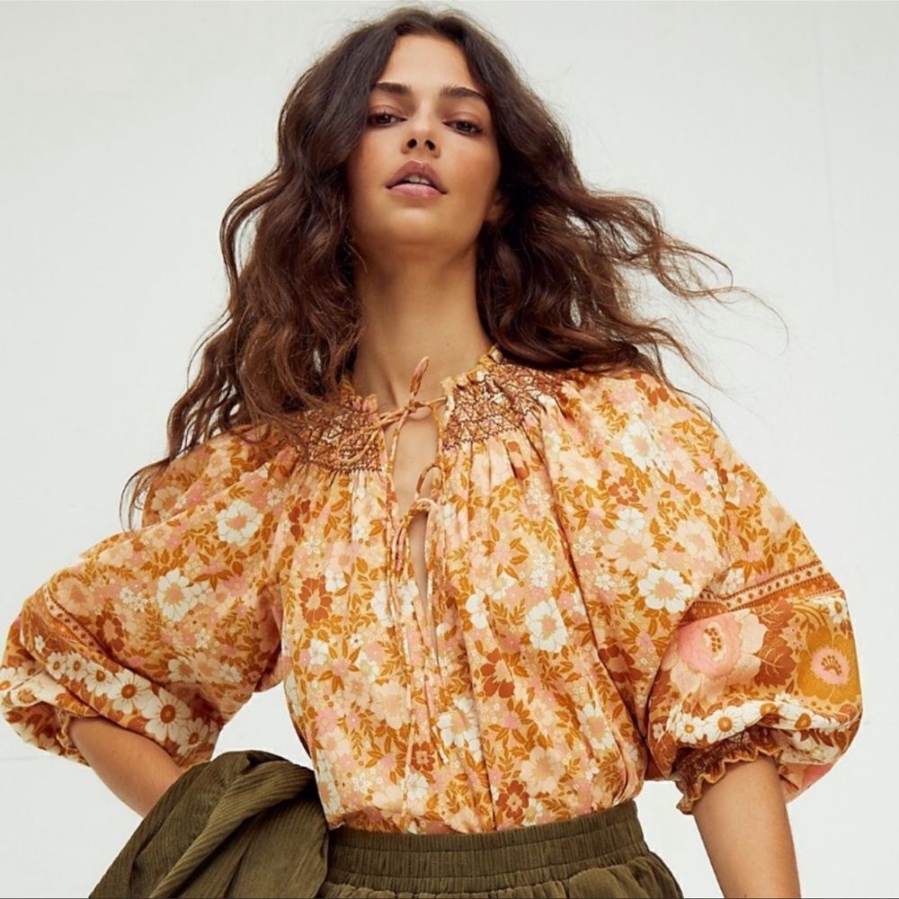 Cynthia Rowley Rust And Orange‎ Boho Chic Long Sleeve Floral Top Size S C49